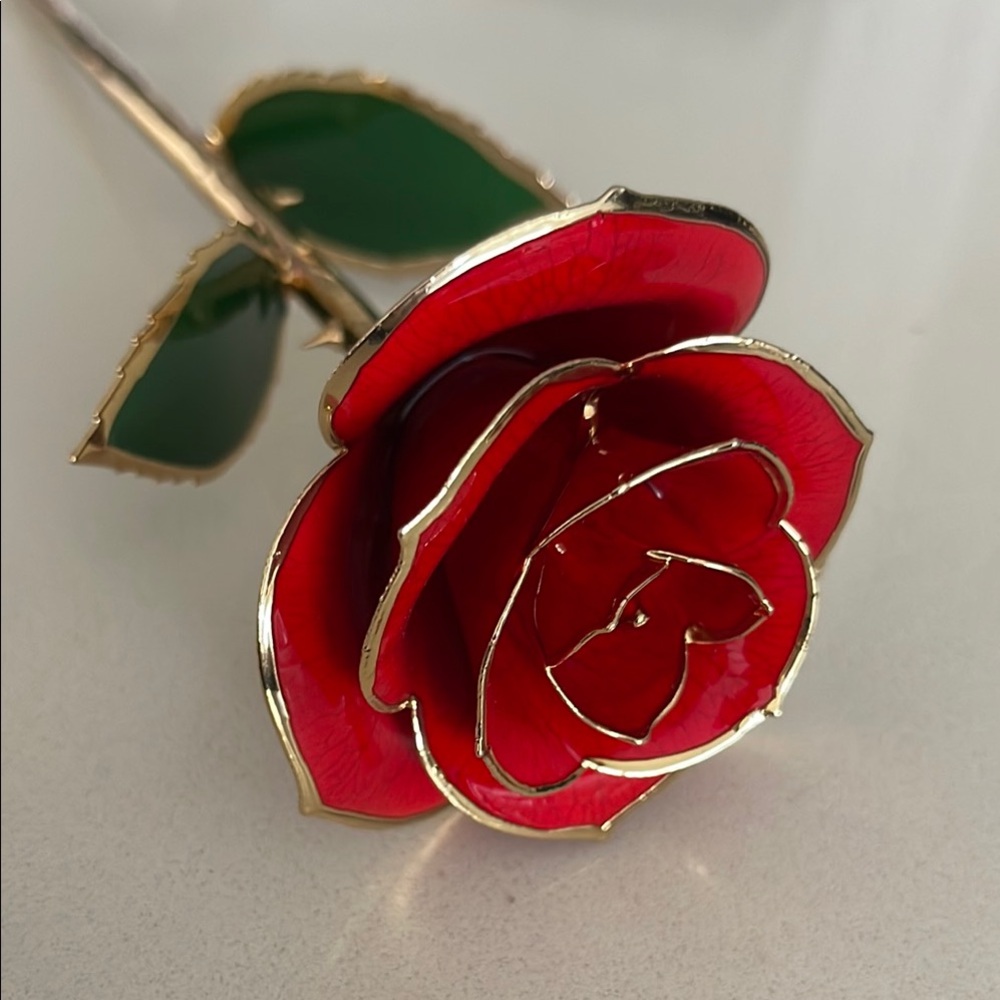 Elegant REAL PRESERVED RED ROSE with Gold Accents with gift box.